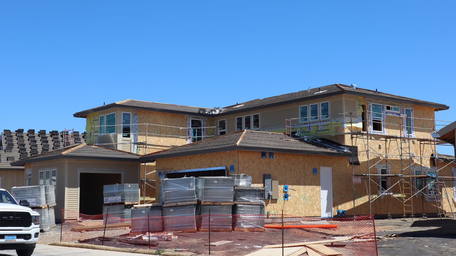Residential house under construction with scaffolding